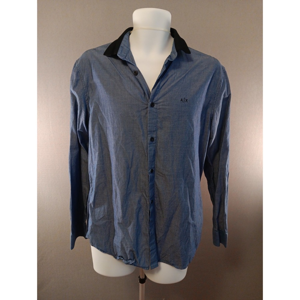 AX‎ Armani Exchange Embroidered Cotton Button Up Blue Mens Medium Regular Fit
